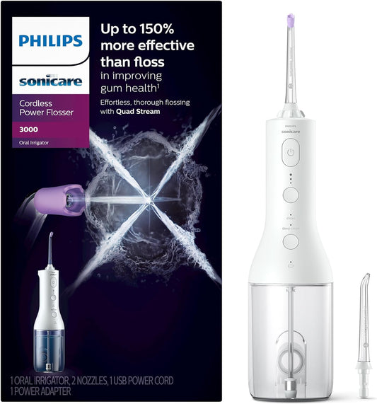Philips Sonicare Power Flosser 3000 Cordless, Oral Irrigator Quad Stream technology and whisper quiet, White, HX3826/21